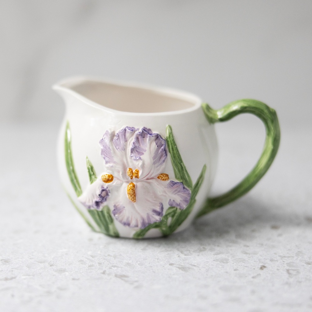 QVC made in Taiwan iris purple green white floral creamer pitcher